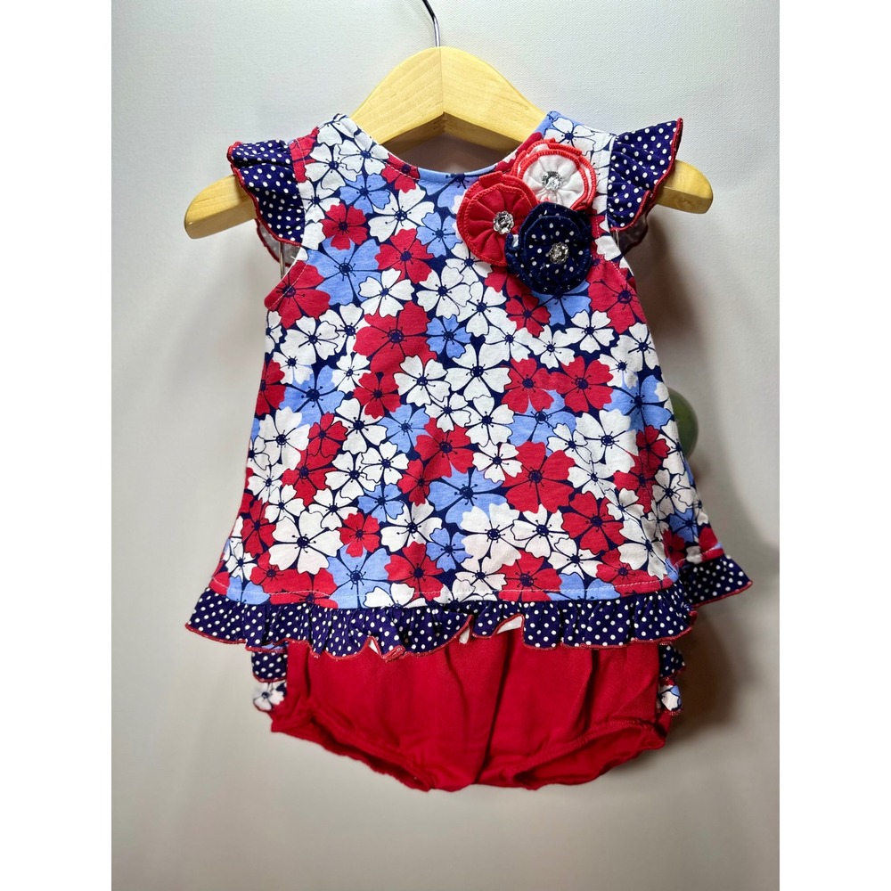 Nannette Baby Floral Polka Dot Ruffle Top and Bloomers Set Red White Blue